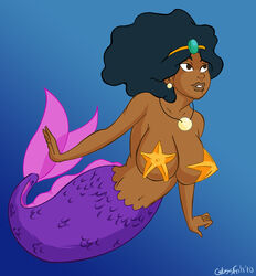 1girls 2010 black_hair breasts dark-skinned_female dark_skin female female_only glassfish jpg mermaid pasties purple_tail signature solo starfish starfish_pasties