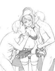 3boys blush breasts candy cheerleader crop_top crossed_eyes double_handjob female gangbang handjob highres human imminent_gangbang juliet_starling large_breasts lollipop lollipop_chainsaw male midriff mouth_hold multiple_boys navel nipples nude panties panty_pull penis pussy shiwasu_no_okina sketch straight thighhighs uncensored underwear zombie