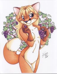 2003 anthro canine female fox fruit fur furry grapes michele_light nude purple_eyes pussy solo