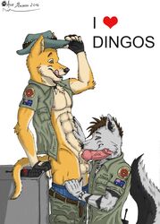 2012 ace_stryker anthro brown_eyes brown_hair canine dingo fingerless_gloves fur furry furry_only gay gloves hair male muscles no_humans park_ranger partially_clothed precum radio wolf