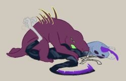 1boy 1girls 2021 acrid alien avian black_body black_feathers black_skin breasts chimera claws feathers female furry green_eyes heretic_(risk_of_rain) humanoid interspecies low_res male male/female missionary missionary_position multi_eye purple_body purple_skin risk_of_rain risk_of_rain_2 sex sideboob spikes tongue tongue_out unfinished