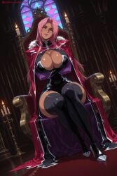 1girl ai_generated bangs black_legwear breasts cleavage cleavage_cutout closed_mouth crossed_legs dark_skin devil_may_cry dress gloves hi_res high_heels high_quality high_resolution hip_focus indoors ingrid_(taimanin_asagi) kiraamane long_hair looking_at_viewer makeup patreon pink_hair purple_lipstick seductive sexy shiny sitting smile solo thick_thighs thighhighs thighs uncensored very_long_hair watermark yellow_eyes