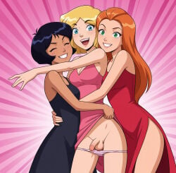 ai_generated alex_(totally_spies) black_hair blonde_hair boobly bottomless cartoon_network clover_(totally_spies) dress dress_lift flaccid futanari green_eyes intersex long_hair orange_hair penis penises sam_(totally_spies) short_hair standing totally_spies