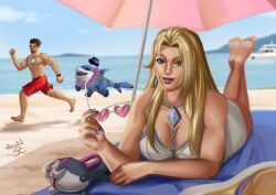 arsinnamon beach big_ass blonde_hair emma_frost emma_frost_(marvel_rivals) emma_frost_(white_wave_queen) iron_man jeff_the_land_shark marvel marvel_rivals prone wholesome