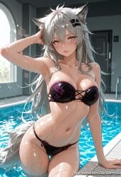 1girl ai_generated animal_ears arknights arm_up armpits bangs bare_arms bare_shoulders bikini black_bikini blush breasts cleavage collarbone cowboy_shot grey_eyes grey_hair hair_between_eyes hair_ornament hairclip indoors kermixx lappland_(arknights) large_breasts long_hair looking_at_viewer navel parted_lips pool scar scar_across_eye scar_on_face skindentation solo stomach strapless swimsuit tail thigh_gap wading water wet wolf_ears wolf_tail