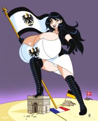 black_hair blush bursting_breasts flag giant giantess gigantic_breasts melonstand prussia prussia_(countrygirls) prussian_flag woot yellow_eyes