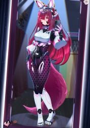 bodysuit fox_ears fox_girl fox_tail futuristic futuristic_clothing headband konglex latex mirror_selfie paw_boots paw_shoes pink_eyes pink_hair pink_tail selfie shiny_clothes shiny_hair techsuit trans_woman virtual_youtuber vtuber