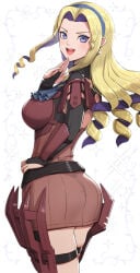 1girls :d ascot ass belt black_belt black_gloves blonde_hair blue_ascot blue_eyes blue_hairband blush breasts bridal_gauntlets colored_inner_hair commentary_request constance_von_nuvelle constance_von_nuvelle_(timeskip) cowboy_shot dress drill_hair elbow_gloves fire_emblem fire_emblem:_three_houses forehead gloves gonzarez hairband hand_up highres large_breasts long_hair looking_at_viewer multicolored_hair nintendo open_mouth pencil_dress purple_hair red_dress sidelocks smile solo sparkle standing thigh_strap thighs v-shaped_eyebrows
