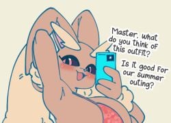 1girl 1girls 2026 2d_(artwork) anthro anthro_only beige_background big_eyes bikini bikini_top blushing blushing_at_viewer blushing_female boobs breasts brown_body brown_skin clothes clothing cute dialogue digital_drawing_(artwork) digital_media_(artwork) female female_only female_pokemon furry furry_female furry_only game_freak generation_4_pokemon hi_res highres hot looking_at_viewer lopunny mochichi nintendo phone phone_camera pokemon pokemon_(species) rabbit rabbit_ears rabbit_girl sexy solo solo_female text