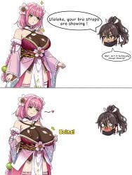 1boy 1girl 2d big_breasts blush blush_lines blushed blushed_face blushing_face blushing_male bra_strap_is_showing_(meme) bra_strap_showing_(meme) bra_straps braid braided_ponytail breasts brown_eyes brown_hair busty busty_female chibi cleavage clothing_aside exposed_breasts exposed_nipples female flower green_eyes hair_flower hair_ornaments hentadraw huge_breasts japanese_clothes kimono kimono_pull large_tits lipstick meme mole mole_under_eye nipples nosebleed open_clothes pink_hair pink_nails ponytail rune_factory rune_factory:_guardians_of_azuma smile smiling subaru_(rune_factory) text topless topless_female translucent translucent_topwear ulalaka white_background