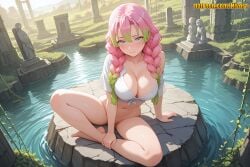 1girl ai_generated arm_support bare_legs bare_shoulders barefoot bikini blush bottomless braid breasts cleavage closed_mouth collarbone convenient_censoring day demon_slayer feet full_body gradient_hair green_eyes green_hair hair_between_eyes hand_on_own_leg kanroji_mitsuri kimetsu_no_yaiba large_breasts legs long_hair looking_at_viewer mole mole_on_breast mole_on_thigh mole_under_each_eye mole_under_eye multicolored_hair multiple_girls multiple_moles naked_shirt navel nivora off_shoulder outdoors pillar pink_hair ripples rock ruins shirt short_sleeves sitting smile solo statue stomach swimsuit thighs tied_shirt toes twin_braids two-tone_hair water white_shirt
