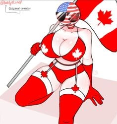 1girls american_female big_breasts bikini canadian_flag canadian_flag_bikini kak0yt0_chel united_states_of_america_(countryhumans)