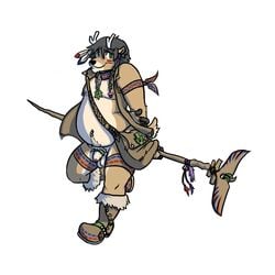 balls belly bottomless chubby clothing jakegr male male_only native_american open_clothes open_shirt overweight penis polearm shirt solo staff unknown_species