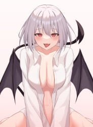 1girl :p barefoot blush breasts cleavage closed_mouth collared_shirt commentary cowboy_shot demon_girl demon_tail demon_wings dress_shirt fang furrowed_brow grey_hair hair_between_eyes large_breasts long_sleeves looking_at_viewer medium_hair naked_shirt naughty_face navel open_clothes open_mouth open_shirt original red_eyes shirt simple_background sitting skin_fang slit_pupils smile solo straight-on sweat tail tail_raised tongue tongue_out tsurime vampire wariza white_background white_shirt wings