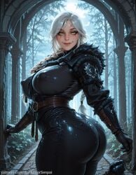 1girl ai_generated alternate_costume armor ass backdoorsenpai belt big_ass black_coat black_gloves black_pants braided_ponytail breasts cd_projekt_red ciri covered_nipples curvy egao female_focus fur-trimmed_coat green_eyes half_crown_braid huge_breasts large_breasts lipstick long_hair looking_at_viewer naughty_face naugty_eyes perky_breasts scar_on_face shoes sideboob smile solo the_witcher_(series) the_witcher_3:_wild_hunt thick_thighs thighs white_hair wide_hips witcher_medallion