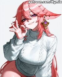 1girl ai_generated blush cleavage fellatio_gesture fox_ears genshin_impact hair_ornament hand_gesture hand_up heart-shaped_pupils large_breasts long_hair looking_at_viewer ok_hand pink_hair pink_shorts portrait purple_eyes smile smug solo sweater sweater_tug thick_thighs tight_clothes turtleneck upper_body white_sweater yae_miko
