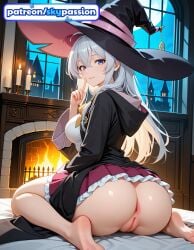 1girls 2026 ai_assisted ai_generated anime anus ass barefoot big_ass blue_eyes booty butthole elaina_(majo_no_tabitabi) feet hat hi_res high_quality high_resolution highres hood hood_down indoors long_hair looking_at_viewer majo_no_tabitabi night no_panties patreon patreon_username skypassion soles solo stable_diffusion toes watermark window witch_hat