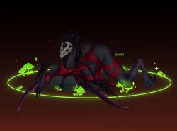 1girls 2024 ass ass_up avian beak big_ass big_breasts black_body black_feathers black_hair black_skin bondage breasts claws feathers female female_only furry gameplay_mechanics heretic_(risk_of_rain) hi_res humanoid laying_down multi_eye on_all_fours red_clothing risk_of_rain risk_of_rain_2 solo wings