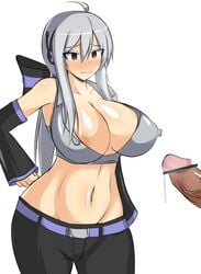 ahoge areolae bare_shoulders breasts brown_eyes censored curvy detached_sleeves erect_nipples erection female grey_hair hair_ornament hair_ribbon headphones huge_breasts long_hair musuka_(muska) navel no_panties pants penis ribbon simple_background standing vocaloid white_background yowane_haku