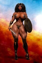 1girls 3d abs african african_female big_breasts breasts dark-skinned_female dark_skin dc_comics divergentartgb female huge_breasts muscular muscular_female nipples nubia_of_themyscira_(zahavah) shield solo sword wonder_woman_(series)