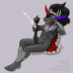 abs anthro anthrofied armor arms barely_clothed black_hair black_mane black_nipples black_skin crossed_legs crystal cum cumshot erection eye_mist feet friendship_is_magic gray_background green_eyes hair hand_on_head hands horn horse_humanoid horse_penis king_sombra_(mlp) legs licking_lips male_only male_urethral_insertion masturbation mlp muscular muscular_male my_little_pony naked nipples nose penis pose red_crystal robe saliva saliva_drip saliva_on_tongue shadow sharp_teeth shiny silver_crown smudge_proof sounding teeth tongue urethral urethral_insertion urethral_penetration watermark