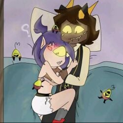 1boy1girl ? bed bedroom clothing dark-skinned_male female grabbing_arm hand_on_chest hug hugging_another leg_on_another's_leg lifting_shirt lying_on_bed male nervous_smile shining_eyes together vampires_hell