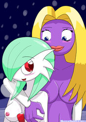 2011 blonde_hair blue_eyes blush breast_grab breasts female gardevoir green_hair hair jynx nipples nude pokemon pokemon_(species) pokemon_rse purple_skin red_eyes skewerflash smile yuri