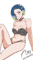 1girls areola_bulge arms_behind_back artist_name artist_signature black_bra black_panties blue_hair blush blushing bow_bra bra breasts brown_eyes choker collarbone dated feet_out_of_frame female game_freak green_hair hair_over_one_eye large_breasts light_blue_hair looking_at_viewer multicolored_hair navel nintendo one_leg_bent open_mouth panties panty_straps parted_hair perrin_(pokemon) pokemon pokemon_sv posing posing_for_the_viewer resting_on_arms shoulders_raised sitting slightly_open_mouth smile smiling solo thighs three-tone_hair tummy white_background
