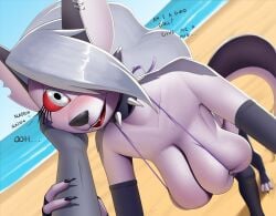 anthro bikini blush breasts creatiffy demon dog female grey_eyes hair_over_one_eye helluva_boss huge_breasts loona_(helluva_boss) red_sclera romantic sharp_teeth spiked_collar text white_hair