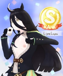 1girl 1girls ahoge animal_ears areola_slip black_gloves black_hair boob_window breasts breasts_out clothing_aside confident_female confidently_naked exposed_breasts fuji_kiseki_(shooting_star_revue)_(umamusume) fuji_kiseki_(umamusume) horse_ears horse_girl horse_tail light-skinned_female light_skin lipalupa long_bangs long_hair looking_at_viewer manhattan_cafe_(umamusume) nipple_slip nipples nipples_outside no_bra showing_breasts small_breasts solo solo_female solo_focus tail tie umamusume umamusume:_beginning_of_a_new_era umamusume_pretty_derby unbuttoned unbuttoned_shirt yellow_eyes
