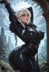 1girl ahoge ai_generated arm_behind_head arm_up armor ass backdoorsenpai belt big_ass black_coat black_gloves black_pants braided_ponytail breasts cd_projekt_red ciri curvy egao female_focus flexible fur-trimmed_coat green_eyes half_crown_braid large_breasts long_hair naughty_face naugty_eyes parted_lips perky_breasts pigeon_pose scar_on_face shoes skindentation solo stretching sweat the_witcher_(series) the_witcher_3:_wild_hunt thick_thighs thighs wet white_hair wide_hips witcher_medallion