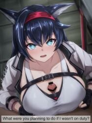 1boy 60+fps animal_ears animated arknights audible_speech bar_censor black_gloves black_hair blaze_(arknights) blue_eyes blush breasts cat_ears cat_girl censored cleavage clothed_female_nude_male commentary_request english_text female fingerless_gloves gloves hairband highres jacket japanese_audio large_breasts live2d long_hair long_sleeves looking_at_viewer mknymym_(voice_actor) nose_blush nude one_ear_down open_clothes open_jacket paid_reward_available paizuri paizuri_under_clothes penis pov pov_crotch precum red_hairband sound straight subtitled tagme tosaka_(tosaka0001) upper_body video white_jacket