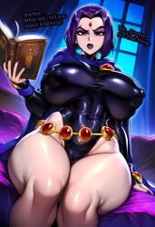 1girls ai_generated bare_legs bare_thighs big_breasts clothed clothing color cyreneceo dc english_text female female_focus female_only hi_res huge_breasts large_breasts light-skinned_female light_skin massive_breasts purple_eyes purple_hair raven_(dc) short_hair solo solo_female superheroine teen_titans text thick_thighs