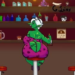 alcohol anus_peek ass_visible_through_clothes bar between_buttocks big_ass big_breasts coin dress drinking fat_ass freckles freckles_on_ass freckles_on_face freckles_on_shoulders g.lins gnome goblin goblin_female green_skin jaguar_print long_nose looking_at_viewer oc open_dress panther_print pointy_ears pointy_nose shortstack smaller_female smiling_at_viewer whiskey white writing_on_ass writing_on_body