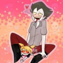 1boy1girl age_difference age_gap ahegao blonde_hair blushed_face brown_hair clothing cum female fluids heart little_girl male original_character pigtails sitting smaller_female spread_legs tongue_out vampires_hell