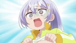 1boy 1girls areolae blush bouncing_breasts breasts brown_hair clothing english_dialogue hiwamura_hiyori large_breasts nipples puffy_nipples purple_eyes screencap sound undressing video yowa_yowa_sensei