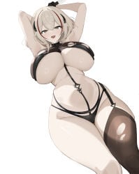 1girl absurdres arm_behind_head arm_up azur_lane bikini black_bikini black_thighhighs breasts brown_eyes curvy ecarte_roon gloves half_gloves highres huge_breasts latex latex_gloves looking_at_viewer multicolored_hair navel open_mouth roon_(azur_lane) simple_background single_thighhigh solo streaked_hair swimsuit thick_thighs thighhighs thighs white_background wide_hips