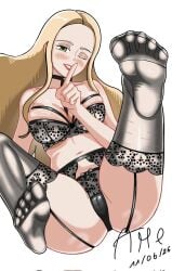 1girls areola_slip areolae artist_name artist_signature ass black_bra black_panties blonde_hair blush blushing bow_panties bra breasts cameltoe choker dated detailed_feet eyeshadow feet_in_stockings feet_up female finger_to_mouth game_freak garter_belt garter_straps green_eyes hair_on_breasts lace-trimmed_bra lace-trimmed_panties lace-trimmed_thighhighs lace_trim large_breasts laying_on_back legs_up lipstick long_hair looking_at_viewer navel nintendo oleana_(pokemon) one_eye_closed panties parted_hair pokemon pokemon_ss pokemon_swsh red_lipstick slightly_open_mouth smile smiling solo squished_breasts thick_thighs thighhighs thighs tummy white_background wink winking_at_viewer