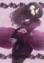 1girls breasts brown_hair cleavage dorothea_arnault dorothea_arnault_(timeskip) dress earrings fire_emblem fire_emblem:_three_houses green_eyes jewelry large_breasts long_hair nintendo red_dress solo