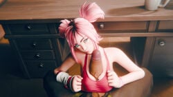 1boy 1girls 3d 3d_(artwork) big_breasts dark-skinned_male esme_(fortnite) fortnite fortnite:_battle_royale kneeling kneeling_female light-skinned_female looking_at_viewer pink_hair titfuck titjob