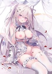 1girl ame_usari armband blush breasts breasts_out cameltoe choker clothed collar corset demon_wings detached_collar detached_sleeves devil_wings dress earrings exposed_breasts frilled_bra frilled_collar frilled_dress frilled_panties frilled_skirt frilled_sleeves frilled_straps frills garter_belt garter_straps gray_hair hair_ornament hair_ribbon hairband highres large_breasts leaning_to_the_side long_hair nipples no_bra no_panties original pussy sitting stockings straight_hair thighhighs tied_up twintails uncensored wings