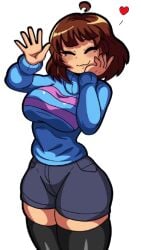 1girls blue_sweater blush breasts brown_hair fanon_design female female_frisk frisk hand_on_face heart hips large_breasts short_hair smile tagme_(artist) thighhighs thighs transparent_png undertale waving