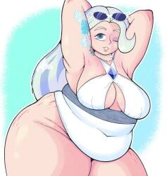 belly belly_button big_breasts blue_eyes breasts chubby chubby_female fat fat_female gray_hair grey_hair hips_wider_than_shoulders melony_(pokemon) pokemon pokemon_ss posing stretch_marks sunglasses sunglasses_on_head swimsuit tattoo thick_thighs