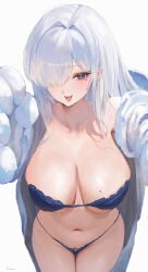 1girl :3 :d azur_lane bangs bare_shoulders blue_bra blue_eyes blue_panties blush bra breasts cleavage coat collarbone cowboy_shot ear_piercing earrings eyebrows_visible_through_hair fang grey_eyes hair_over_one_eye jacket jewelry large_breasts lingerie long_hair looking_at_viewer mole mole_on_breast mole_under_eye navel off_shoulder open_clothes open_jacket open_mouth original panties piercing simple_background smile solo stomach strapless strapless_bra string_panties thighs tongue tongue_out underwear white_background