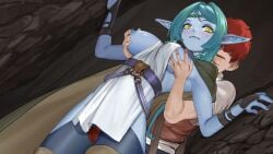 1boy 1girls animated asmr audio big_breasts blue_body blue_skin blush breast_grab breasts breasts_out clothed clothed_sex cum cum_outside dialogue elf elf_ears elf_female english_voice_acting female from_behind game_cg grabbing grabbing_another's_breast grabbing_breasts grabbing_from_behind green_hair human_on_humanoid interspecies knife_ears male/female moan moaning nipples open_mouth rubbing_penis rubbing_pussy sound standing standing_sex stranger_maidens tagme thigh_gap thigh_sex thighs video video_games voice voice_acted yellow_eyes