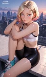 ai_generated blonde_hair casual crop_top gwen_stacy looking_at_viewer lycra mature_female paid_reward_available patreon petite sebassart sexy short_hair sitting solo spandex spandex_shorts sportswear thick_thighs tight_clothing tight_fit