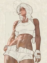 1girl 1girls abs character_request cigarette dark-skinned_female female female_focus navel shorts simple_background smoking solo solo_focus stomach tagme the_antin