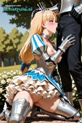 1girl ai_assisted ai_generated armored_dress blonde_hair blue_bow blue_dress blue_tabard collar cowgirl deepthroat embarrassed frills green_eyes group_sex hair_bow knight layered_dress leg_armor long_hair long_sleeves moaning multicolored_dress naked outside overalls pants parted_bangs puff_and_slash_sleeves pussy_sex saliva shaking shining_wind side_view spread_legs suspenders tree white_dress white_rose