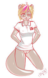 anthro blonde_hair bottomless female lilyness looking_at_viewer mustelid no_pants nurse one_closed_eyes otter pink_hair pussy shirt short_hair skimpy solo tail tongue tongue_out wink