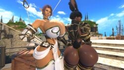 2girls 3d amicea ass ass_bigger_than_head ass_focus back_view bikini_armor black_hair breasts breasts_bigger_than_head bunny_ears bunny_girl bunny_tail cleavage cleavage_overflow dark-skinned_female dark_skin elf elf_ears elf_female elf_girl final_fantasy final_fantasy_xiv gpose_(ffxiv) hips hips_wider_than_shoulders huge_breasts light-skinned_female light_skin looking_at_viewer massive_breasts orange_eyes outdoors panties purple_hair self_upload tattoos thigh_boots thighs thighs_bigger_than_head